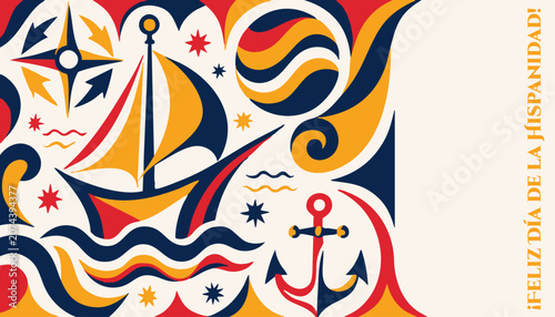 Photos Día de la Raza theme with caravel ship, anchor and warm colonial palette — festi