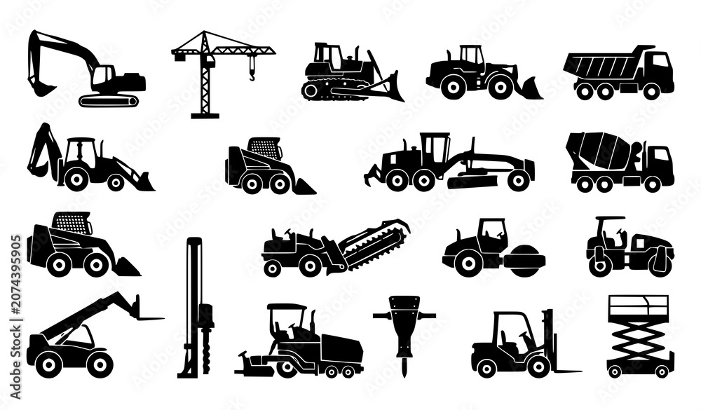 Obraz premium Heavy Construction Machinery Collection with Industrial Vehicle Silhouettes Vector Illustration