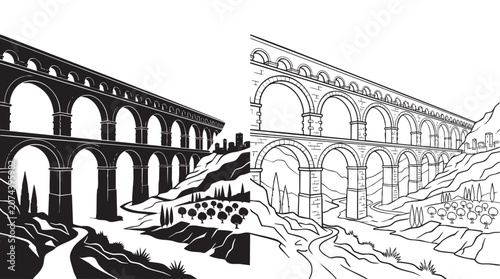 Quadro su tela aqueduct spanning a valley with trees and hills