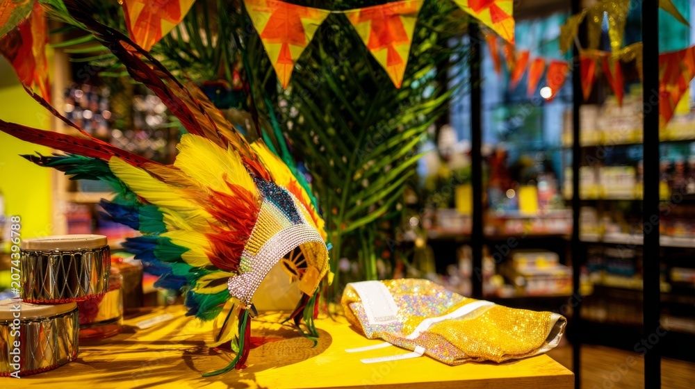 Fototapeta premium trinidad. Feather headpiece, sequin fabric, and mini steel drum with bunting, carnival retail display concept. event programs.
