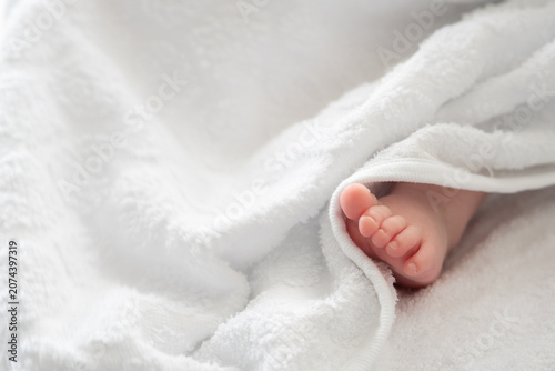 Foto Gentle emergence: baby foot softly wrapped in white warmth