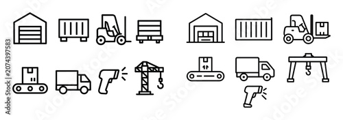 Logistics icons with warehouse truck and crane outline