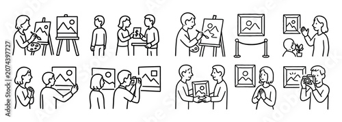 Art gallery icons with visitor painter camera outline