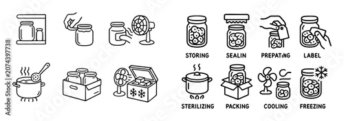Kitchen icons with jar pot and fan outline