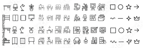 Office icons with desk lamp plant outline
