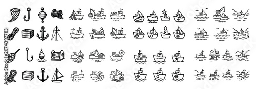 Nautical icons with boats and anchor line