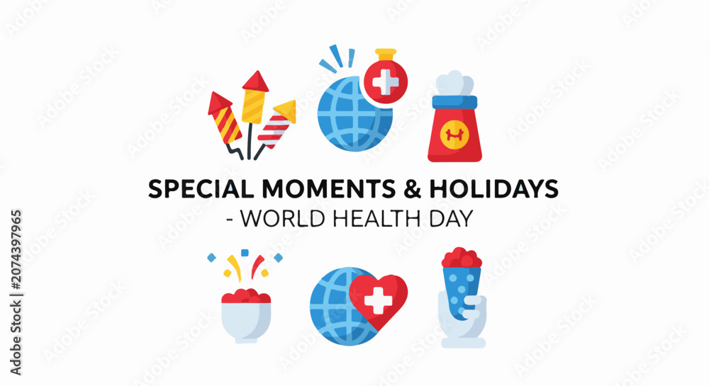 Fototapeta premium Celebratory icons fireworks globes with health symbols and a hand holding a cup