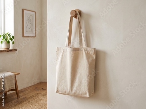 Blank canvas tote bag mockup hanging on a wooden peg on a minimalist wall in a bright modern room