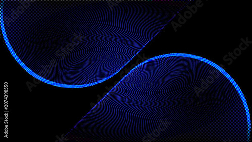 Abstract background with two curved shapes made of glowing blue dots, digital art design, futuristic wave pattern, dynamic lines, dark space composition