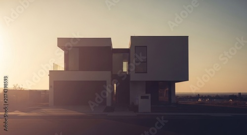Modern Architectural House Design at Sunset.
