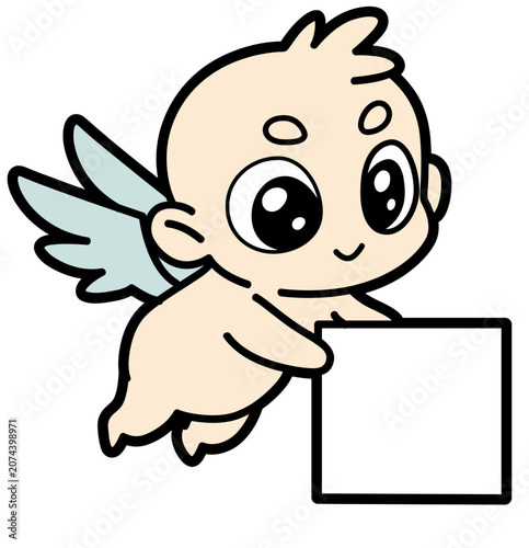 Foto Cute flying baby angel holding blank sign kawaii cartoon sticker