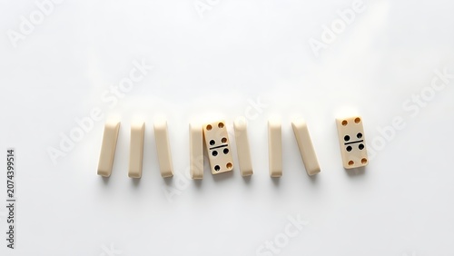 Falling dominoes with rubber block stopping chain, top-down studio view.