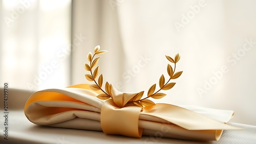 A single golden laurel wreath resting on a folded victory ribbon.