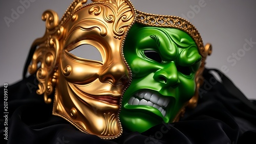 Ornate mask with gold smiling half and green sneering half on dark velvet.