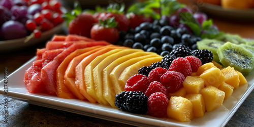 Color gradient fruit platter for older adults showcasing balanced nutrition longevity wellness and inclusive healthy living