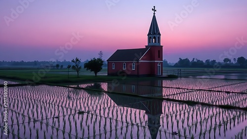 Red brick village church with a steeple reflected in the still water of a rice paddy.