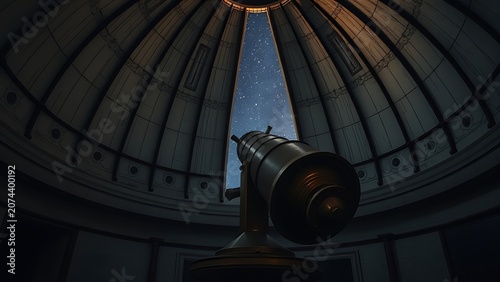 Inside an ancient observatory dome, a bronze astronomical instrument aimed at a starry night sky.