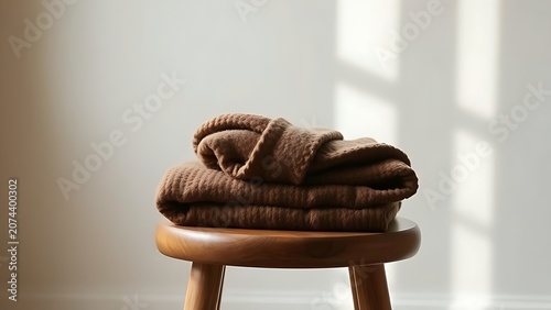 Single neatly folded coarse woolen monk's robe resting on a simple wooden stool.