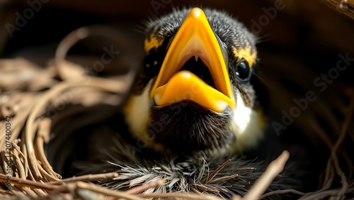 Close-up of a nestling bird with its bright yellow beak wide open.