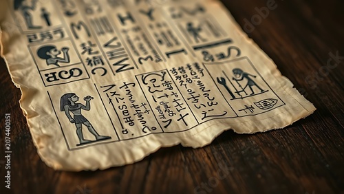 Aged papyrus scroll with hieroglyphic illustrations on a dark wooden surface.
