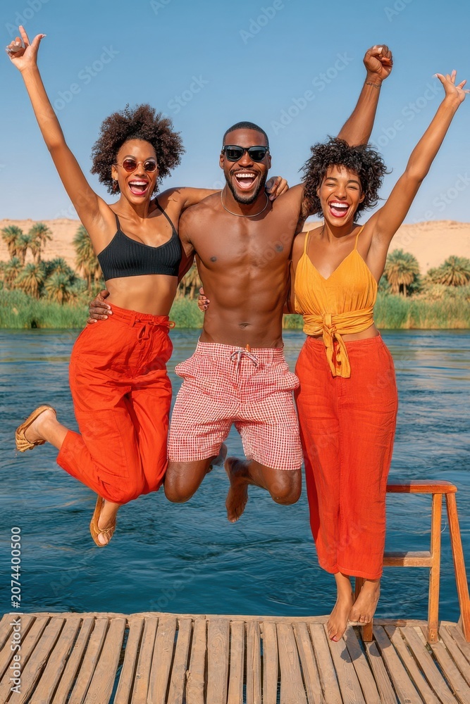 Fototapeta premium Three friends jumping with joy on a dock by a sunny river during a lively summer outing