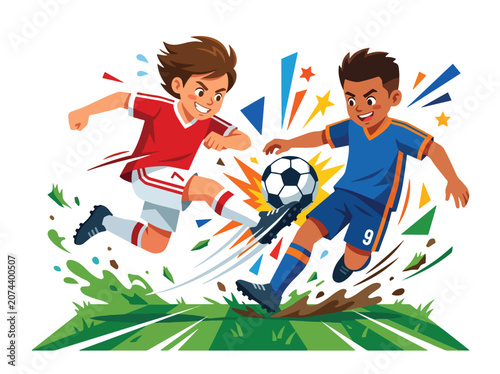 Vászonkép Flat style vector illustration of two soccer players battling for possession with powerful movement and colorful action effects