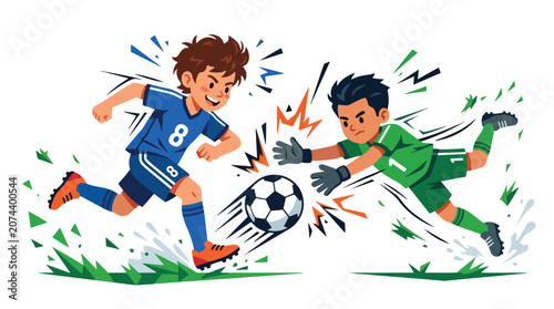 Obraz na płótnie Flat style vector illustration of a striker shooting while a goalkeeper makes a dramatic save in front of the goal
