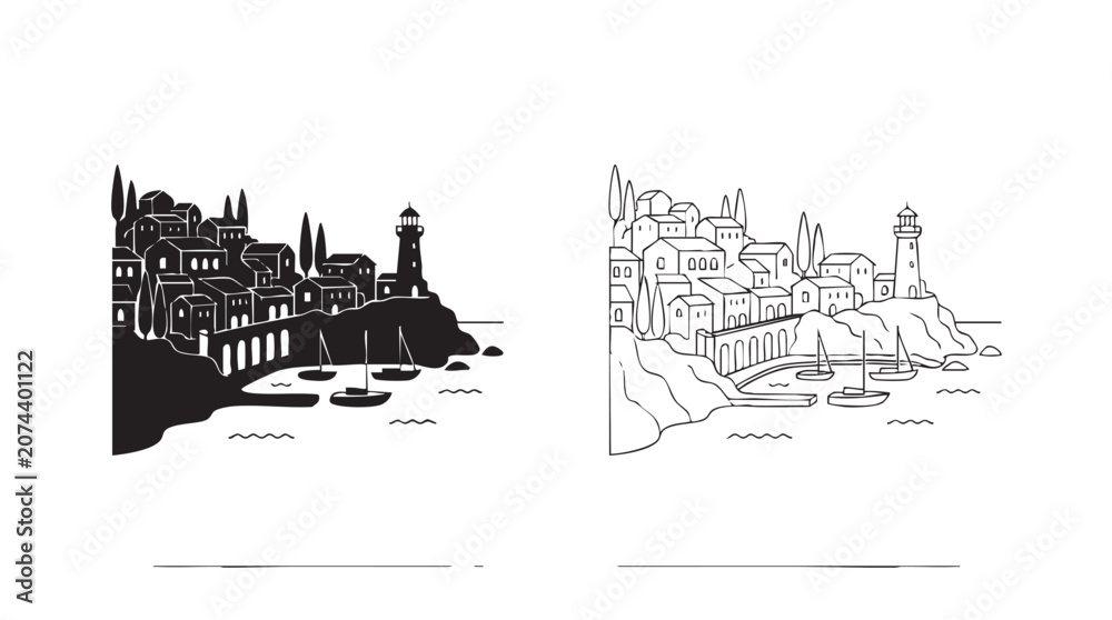 Fototapeta premium lighthouse overlooking coastal town with boats