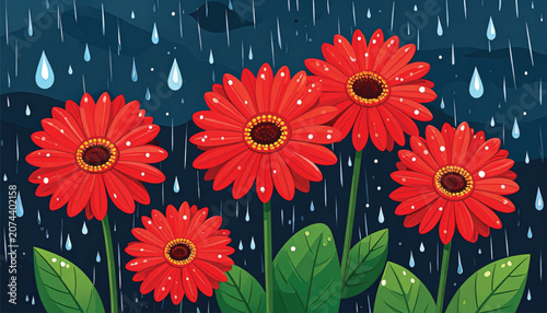 Red flowers with green leaves rain.