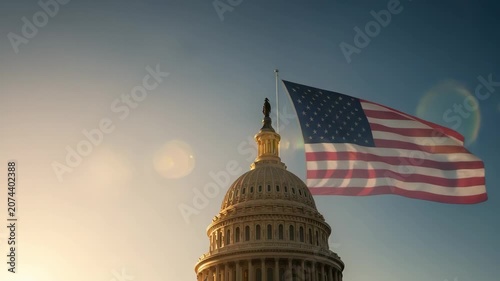 United States Capitol dome with American flag waving against sunrise sky, sun flare, Washington DC, government architecture, political landmark, clear blue sky.