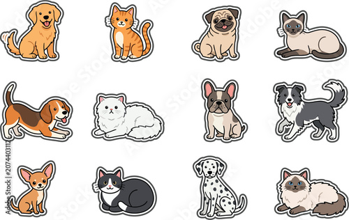 Obraz na płótnie Assorted cute dog and cat breed stickers with illustration collection domestic c