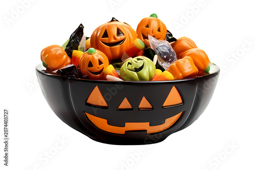 Black jack o lantern bowl filled with halloween candy pumpkins and sweet treats on transparent base.