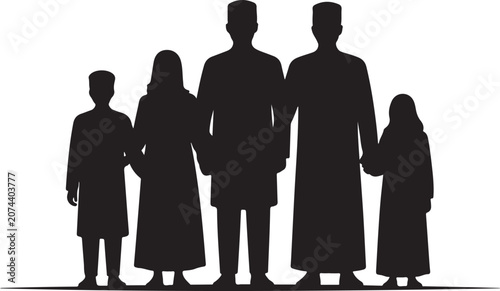 Silhouette of a muslim family standing together, including parents and children, representing unity, togetherness, and islamic culture