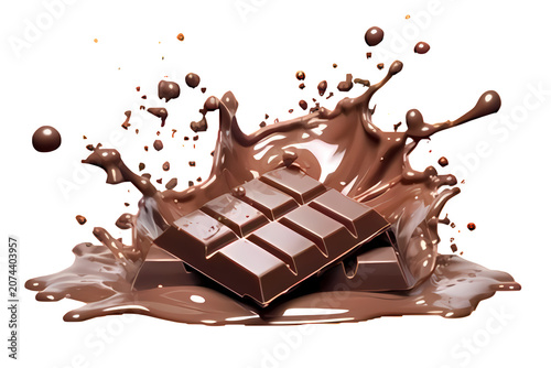 Chocolate bar melting splash liquid waves dynamic motion sweet dessert treat falling confectionery.