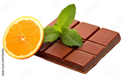 Chocolate bar with orange slice and fresh mint leaves, sweet flavor combination.