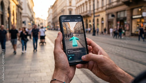 Augmented reality navigation realistic photo with smartphone GPS map for urban travel directions