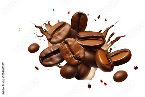 Chocolate coffee beans with splashes of liquid chocolate and coffee powder.