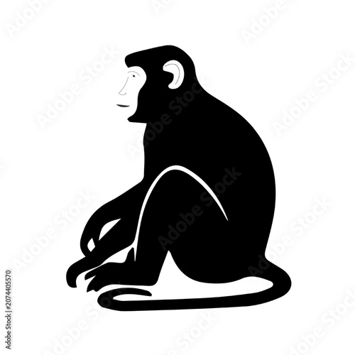 Silhouette of Sitting Monkey in Minimalist Black and White Line Art Style