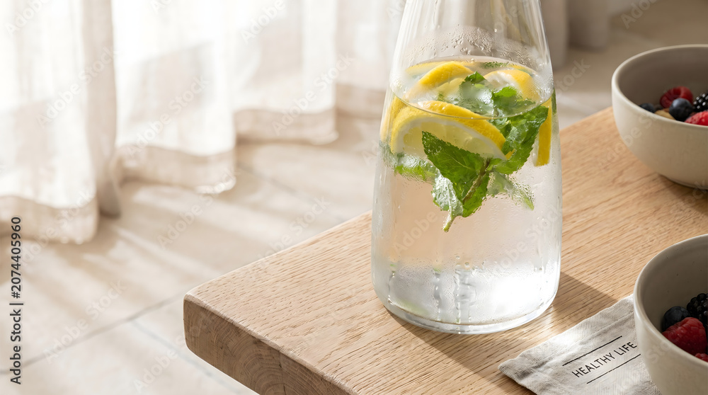Fototapeta premium Glass carafe of refreshing detox water infused with lemon and mint on a wooden table