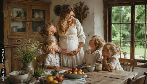 Maternity family realistic photo with pregnant mother and children in rustic home lifestyle scene