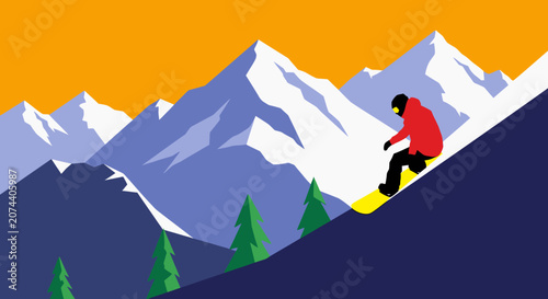 Minimalist vector illustration of a person snowboarding down a snowy mountain slope.