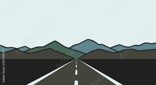 Minimalist vector illustration of a straight road leading towards distant mountain ranges.
