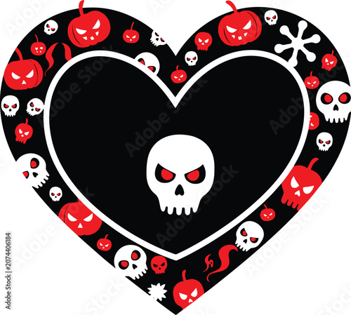 Halloween heart frame filled with red pumpkins and skulls for romantic spooky celebration