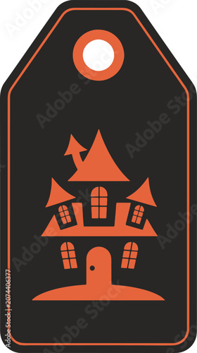 Halloween tag with orange haunted house on black background, spooky holiday label