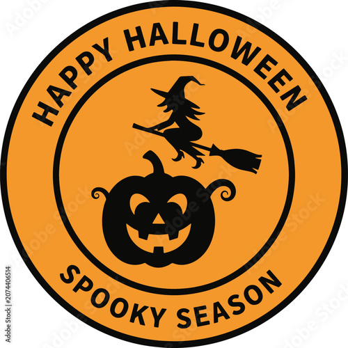 Happy halloween spooky season witch pumpkin sign circular emblem