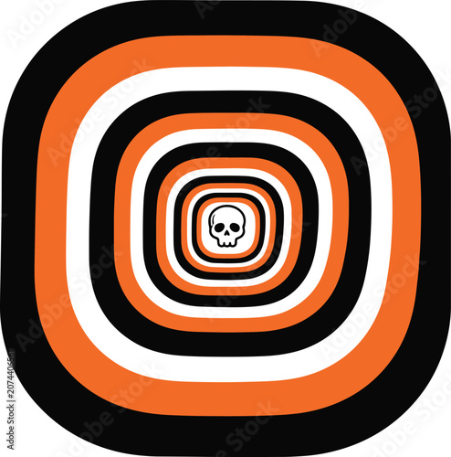 Abstract halloween tunnel background with black and orange concentric shapes and skull head