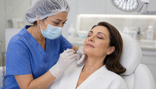 Cosmetic injection realistic photo of mature woman receiving chin filler treatment in aesthetic clinic