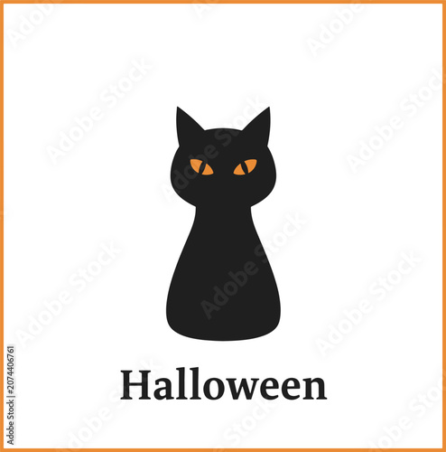 Minimalist black cat silhouette with glowing orange eyes and halloween text on background