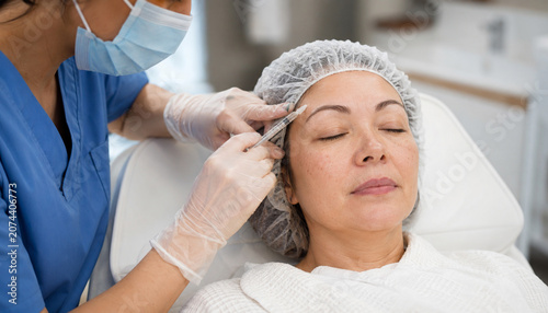 Forehead injection realistic photo of mature woman receiving anti aging treatment in aesthetic clinic