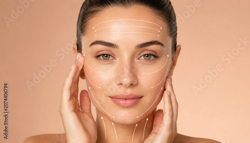 Facial lifting skincare realistic portrait with woman and contour arrows for anti aging beauty treatment